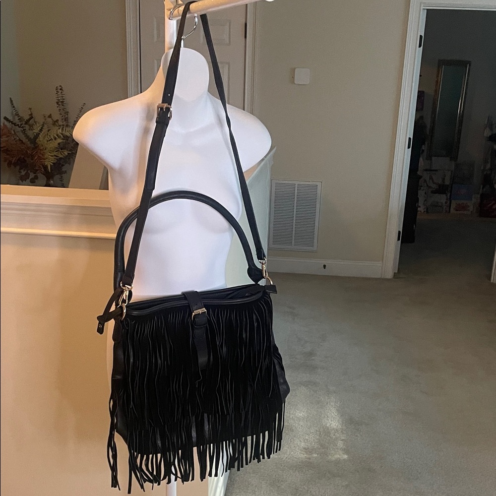 Black Fringe Crossbody Tote Bag - Women
